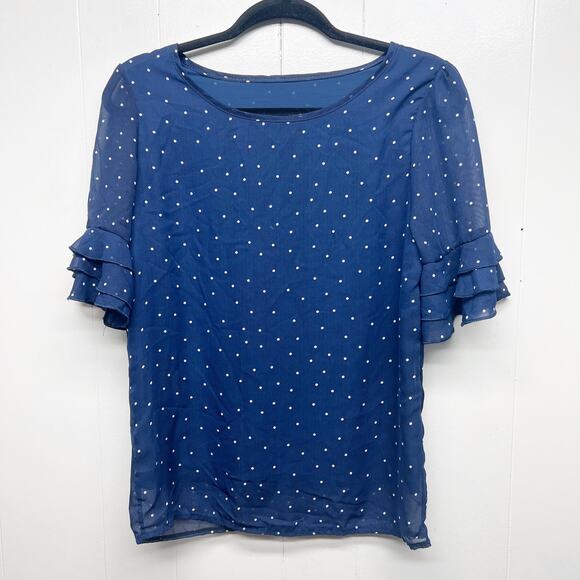 Women's Polka Dot Navy Blue Ruffle Sleeve Women's Top Size Small Lightweight - Picture 1 of 13